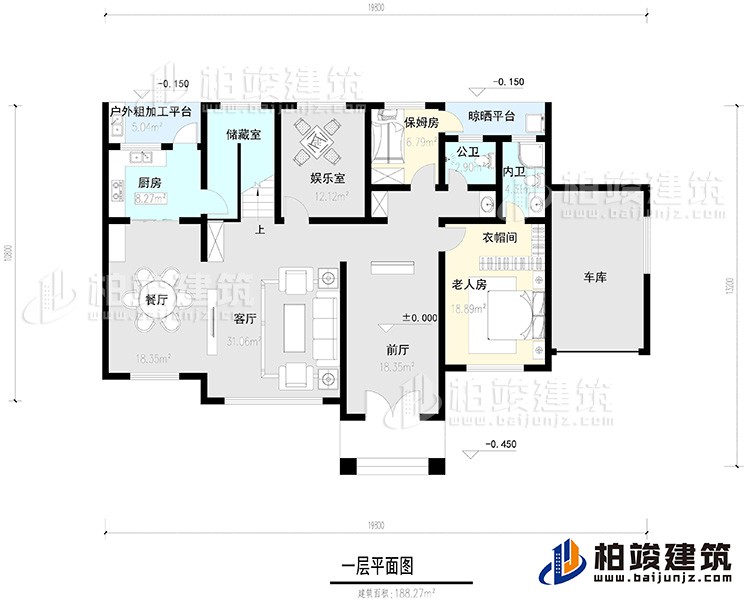 一层：2卧室，公卫，健身房，2露台。